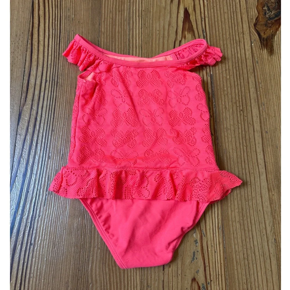 Healthtex One‎ Piece Swimsuit Girls Pink Butterfly Crochet Ruffle SIZE 4T